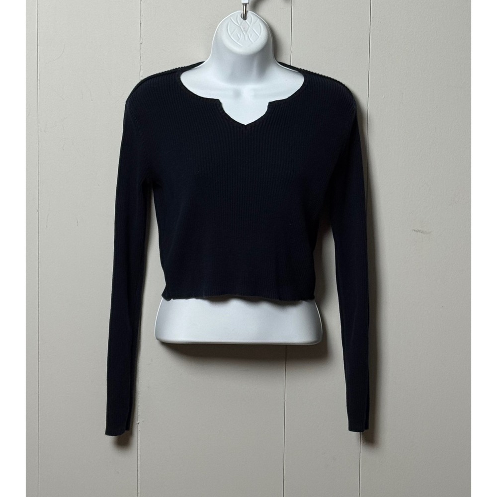 J Galt Brandy Melville Womens 100%Cotton Black Rib Knit V-Neck Crop Top One Size